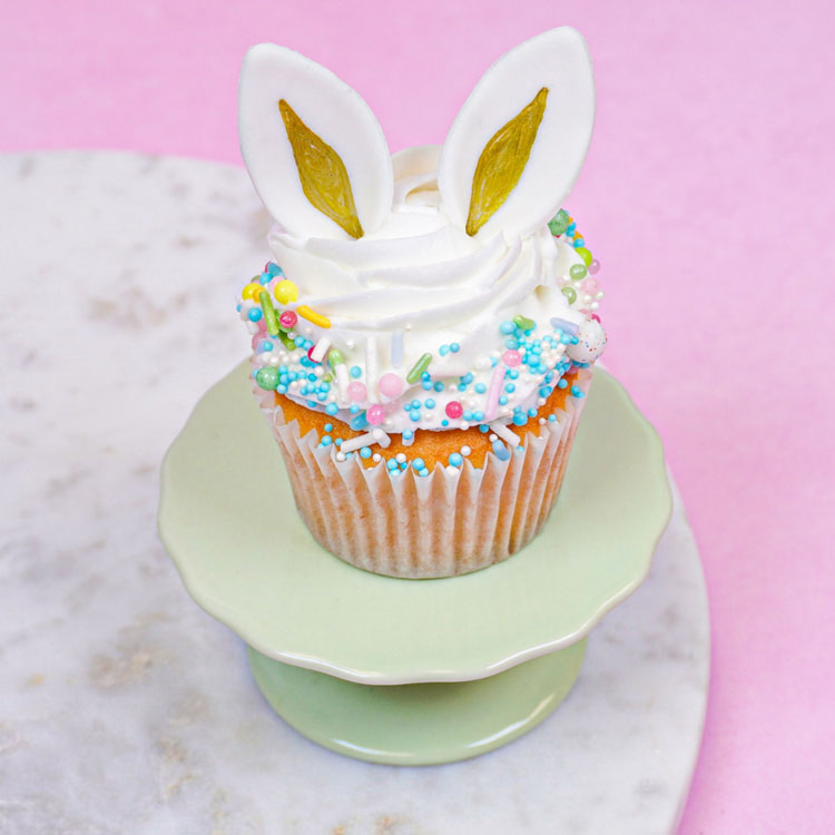 cupcake with easter sprinkle mix and fondant bunny ears
