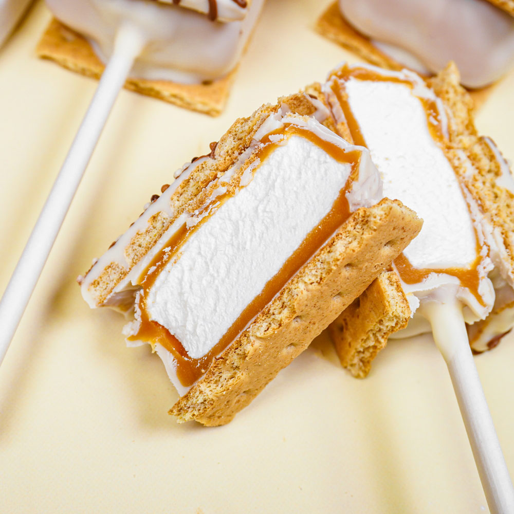 caramel smores pop cut in half