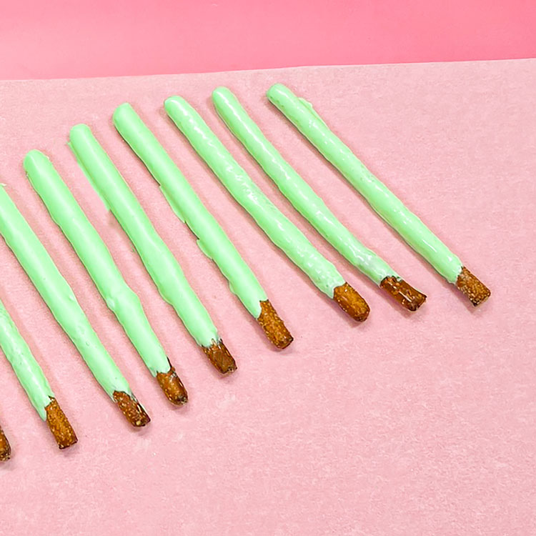 green chocolate covered pretzel rods