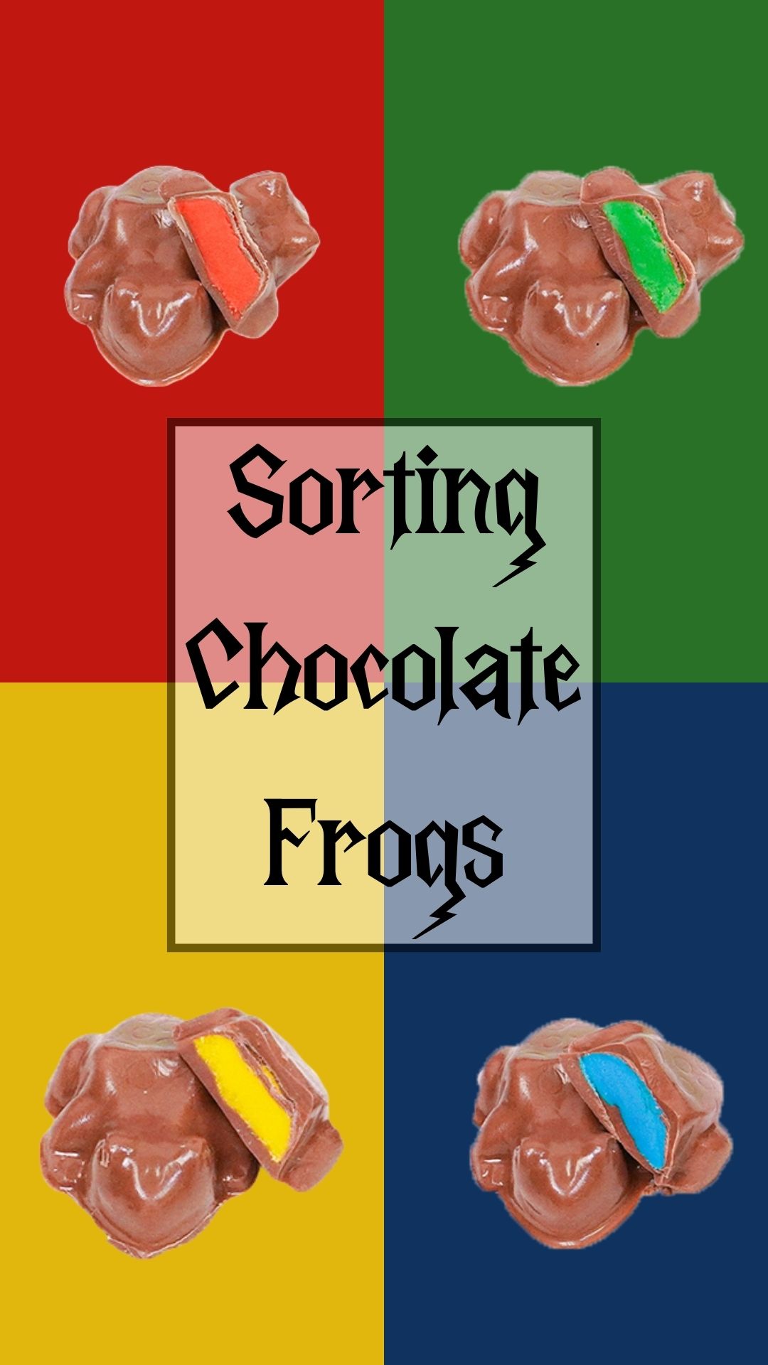 4 milk chocolate frogs cut to show house colors