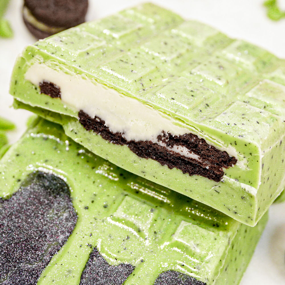 oreo pieces inside of mint chocolate candy bar