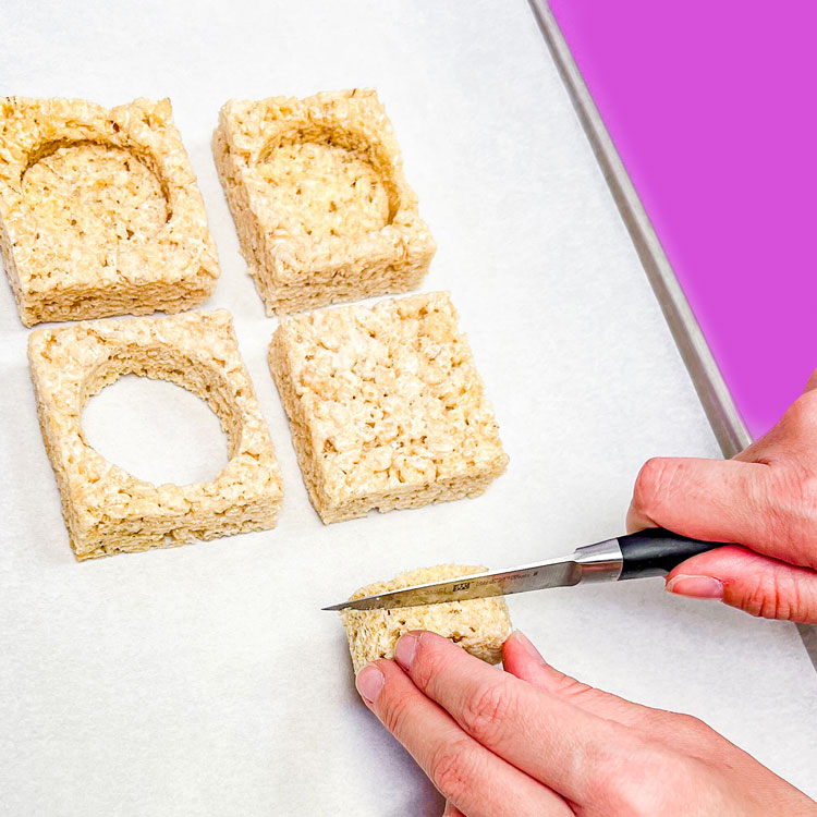 cutting rice krispie treat