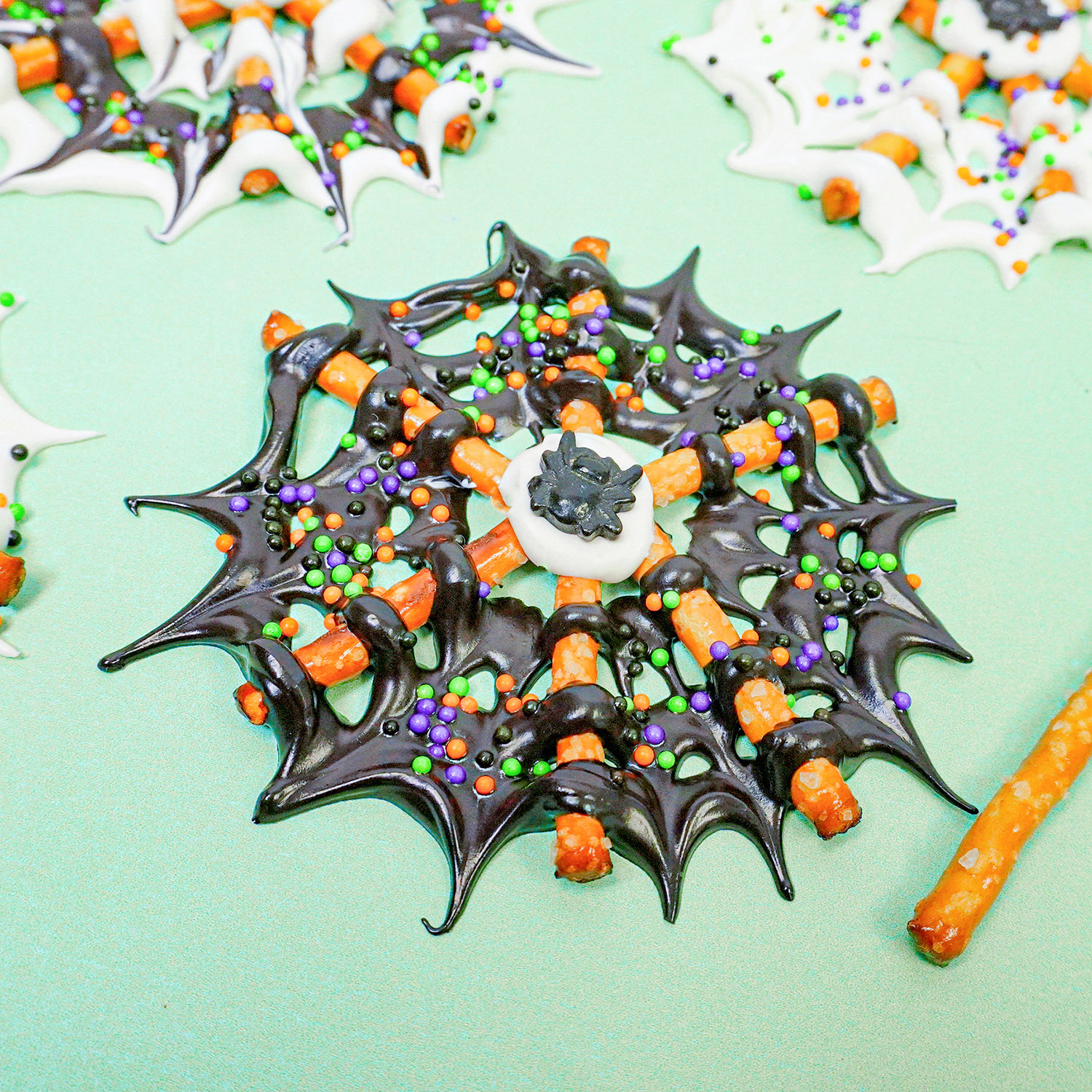 pretzel spider web with black chocolate