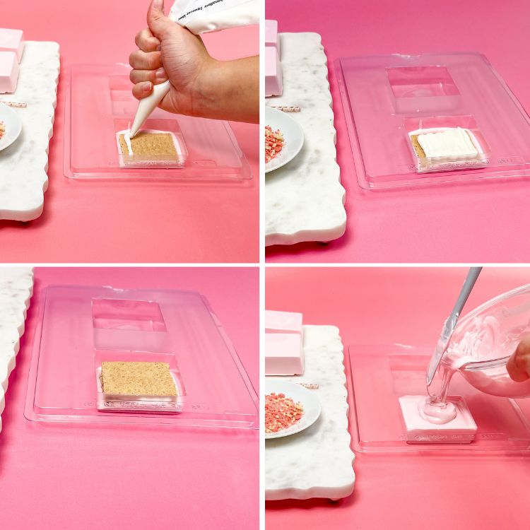 grid of each step in making marshmallow candy center strawberry smore