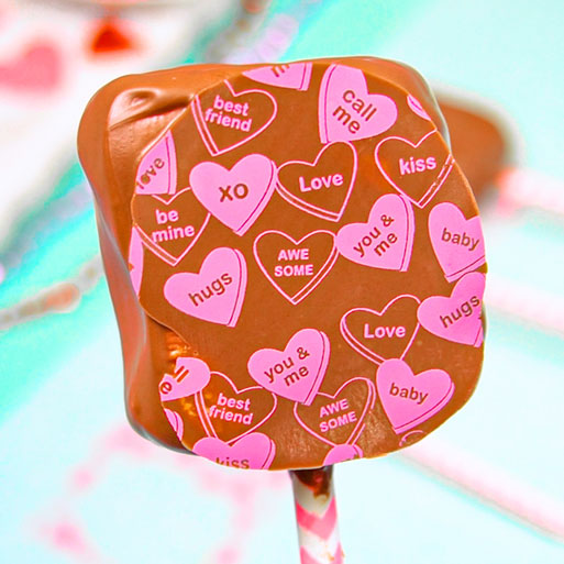 back of marshmallow pop showing the chocolate transfer sheet
