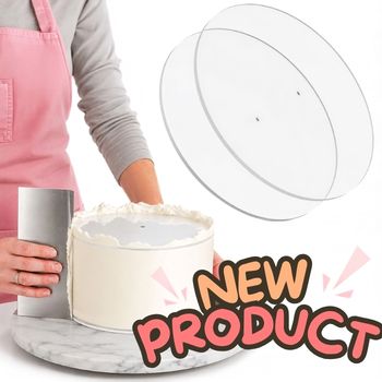 baker using acrylic cake discs to ice a cake