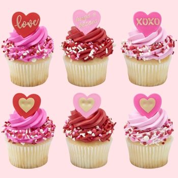 six cupcakes decorated with decopac brand valentine's day cupcake toppers