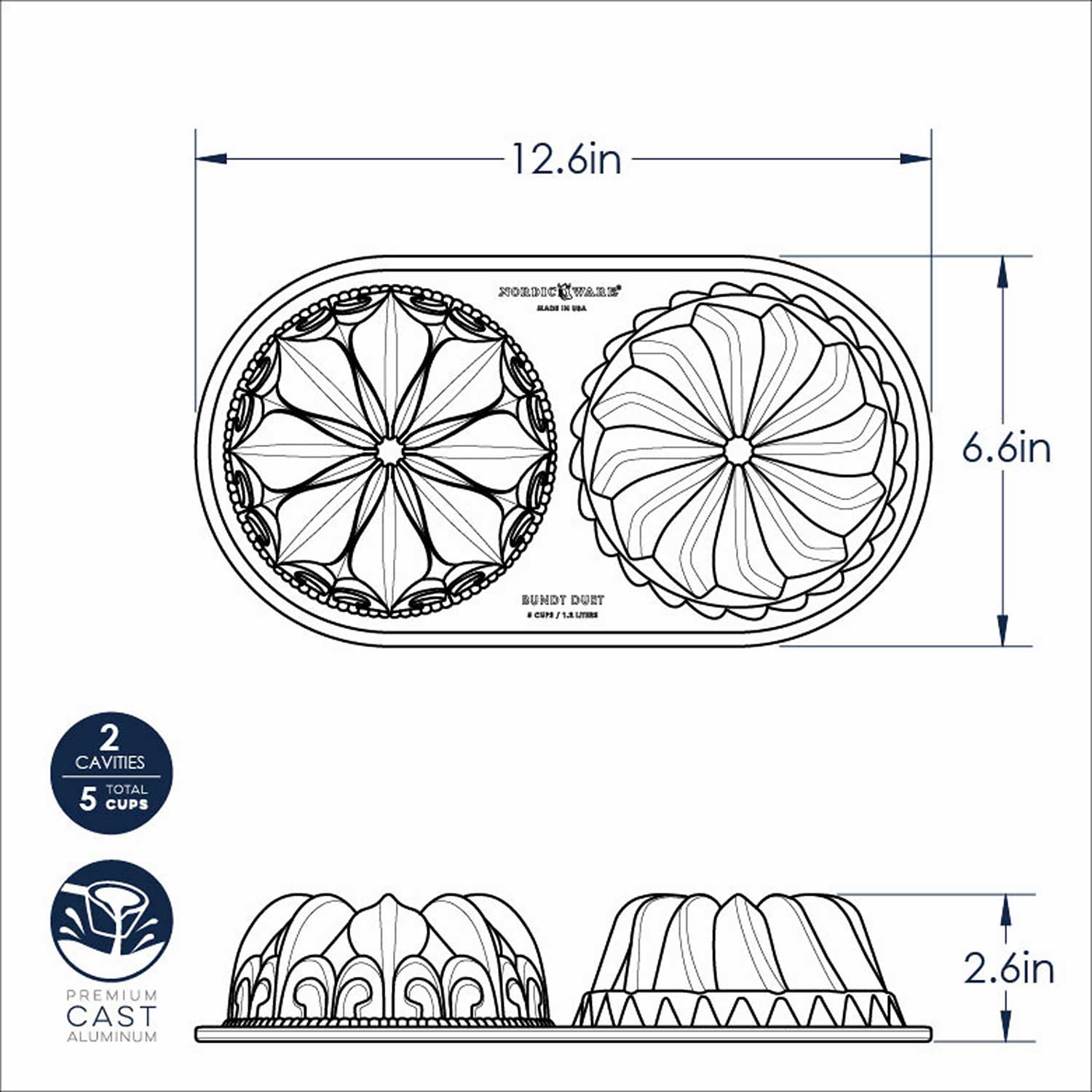 Nordic Ware Bundt Duet Pan - 1.3 quart 12.63 Length 6.63 Width - Cast Aluminum - Oven Safe, Grey